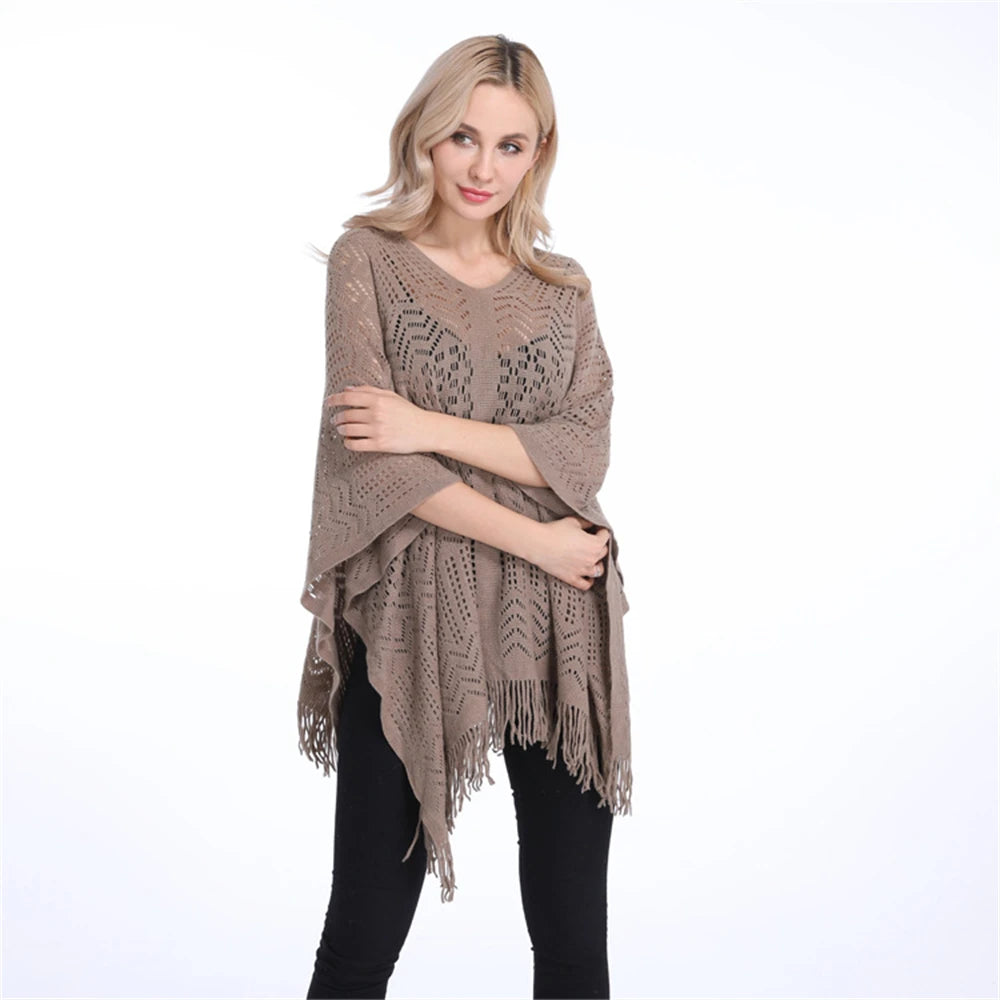 Women’s Two-Way Knitted Poncho Sweater – Hollow-Out Fringe Tassel Shawl Wrap