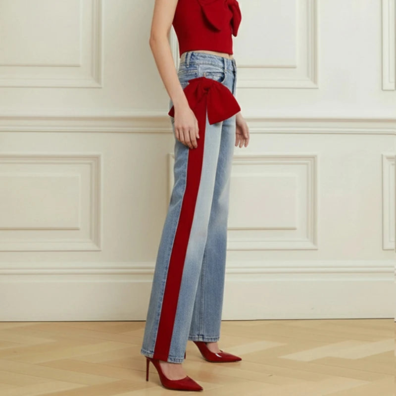 Bow-Embellished Wide-Leg Jeans | Artistic Retro Going-Out Denim