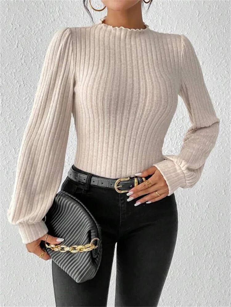 Lantern Sleeve Ribbed Knit Bodysuit | Slim Stretch Fall Leotard Top