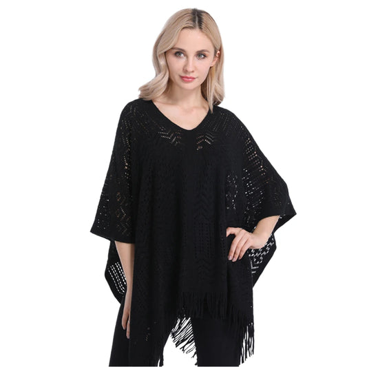Women’s Two-Way Knitted Poncho Sweater – Hollow-Out Fringe Tassel Shawl Wrap