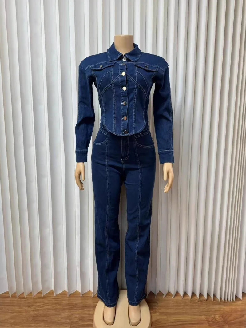 Chic Casual Denim-on-Denim Long Sleeve Shirt & Straight Pant Set