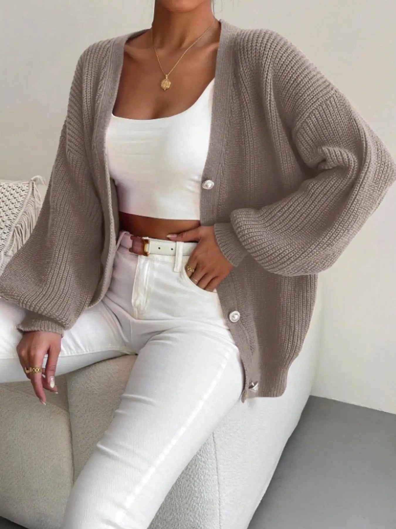 Women’s Plus Size V-Neck Knit Sweater | Cozy Puff Sleeve Fall Pullover