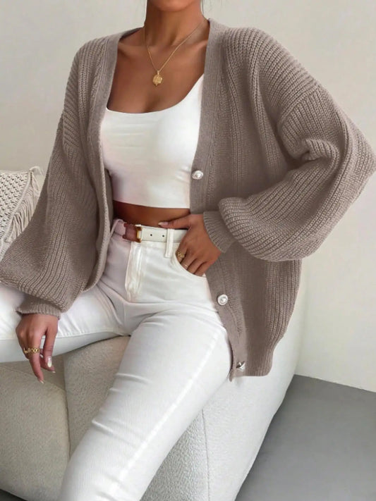 Women’s Plus Size V-Neck Knit Sweater | Cozy Puff Sleeve Fall Pullover
