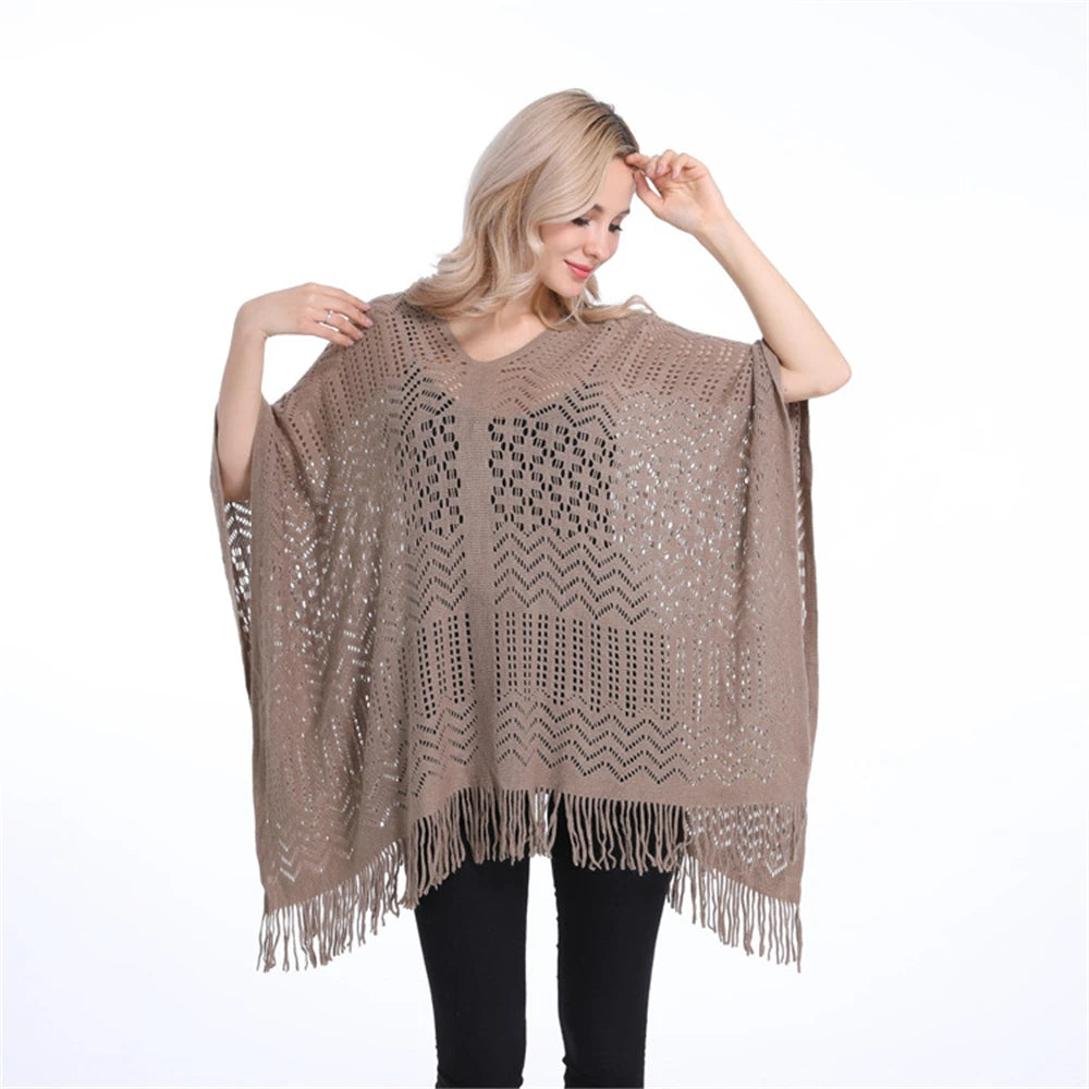 Women’s Two-Way Knitted Poncho Sweater – Hollow-Out Fringe Tassel Shawl Wrap
