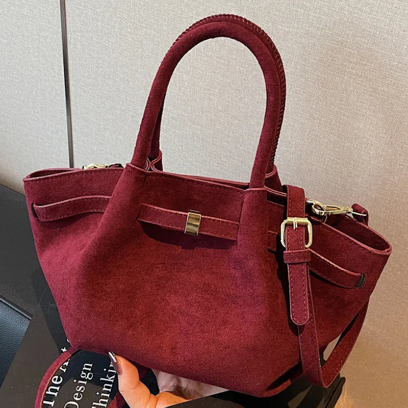 Vintage Matte Suede Belted Shoulder Tote Bag