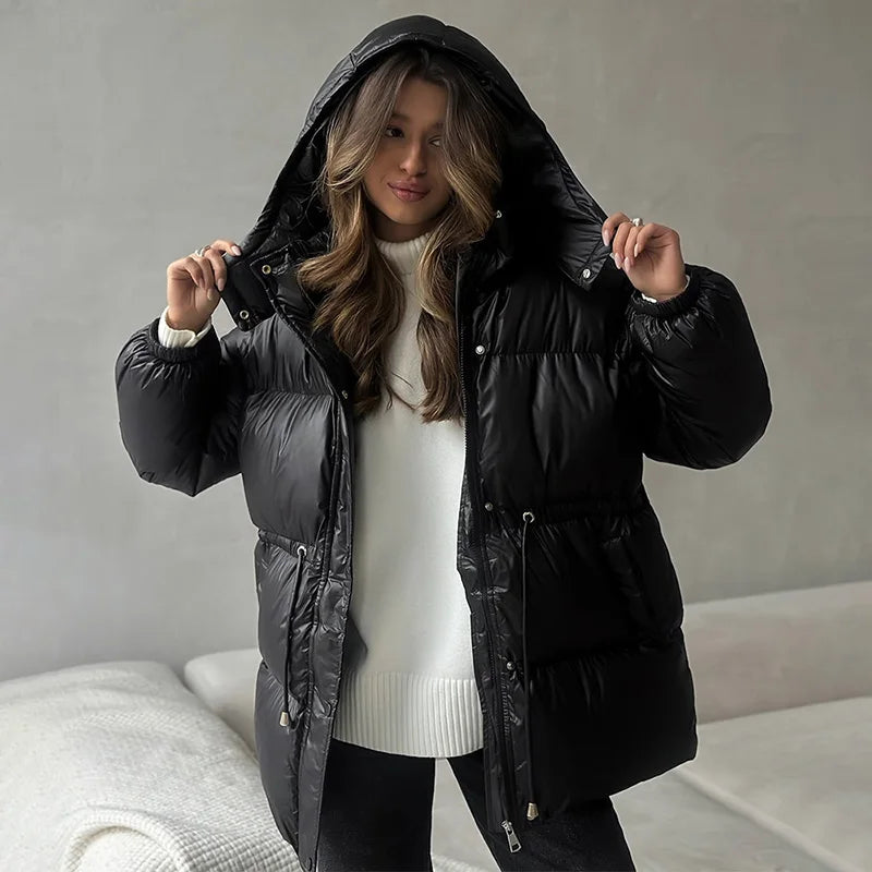 Women's Thick Padded Stand-Collar Winter Jacket with Tie Belt