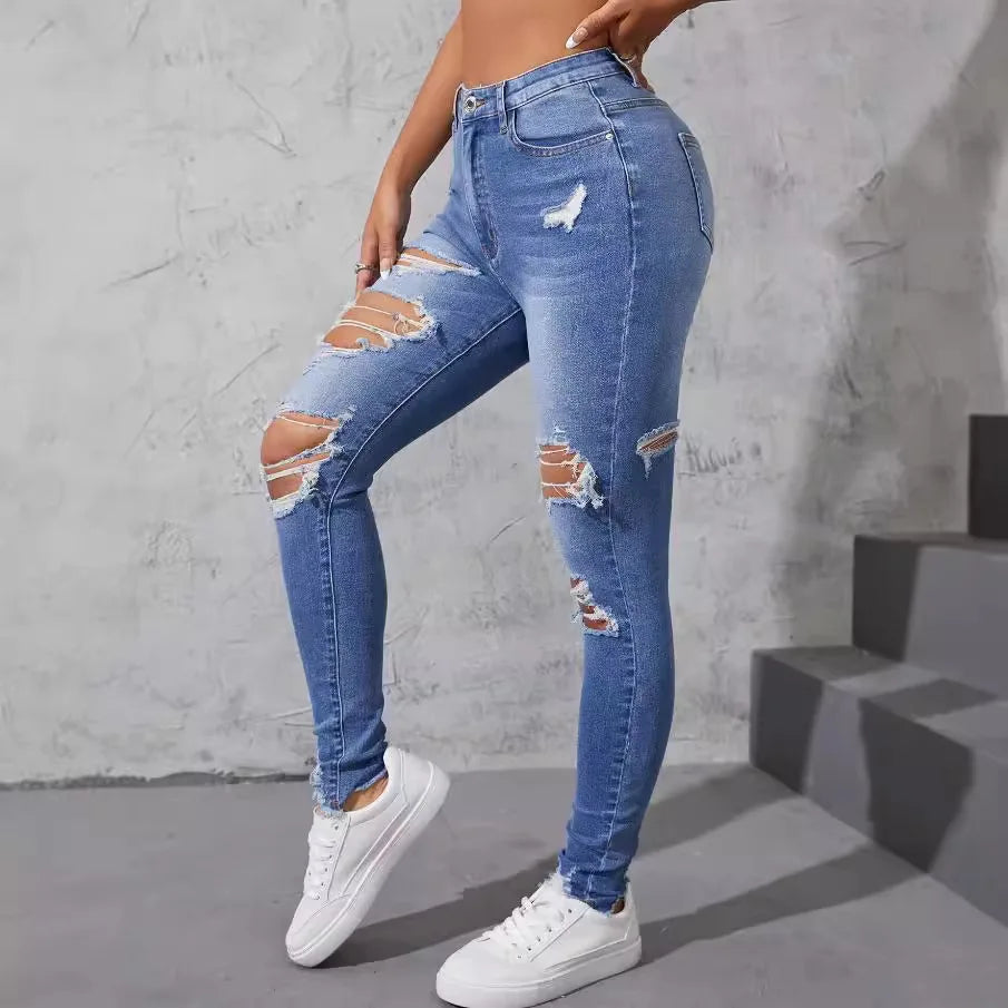 High-Waisted Distressed Skinny Jeans | Washed Street Style Denim
