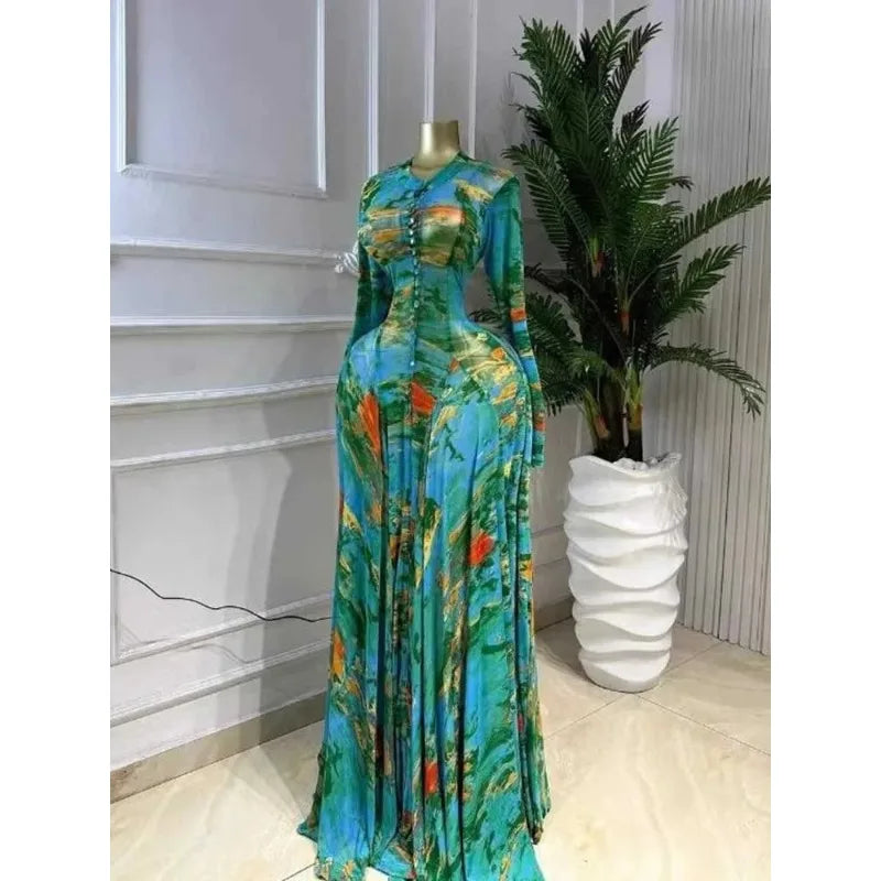 Olive Green Floral Pleated Maxi Dress
