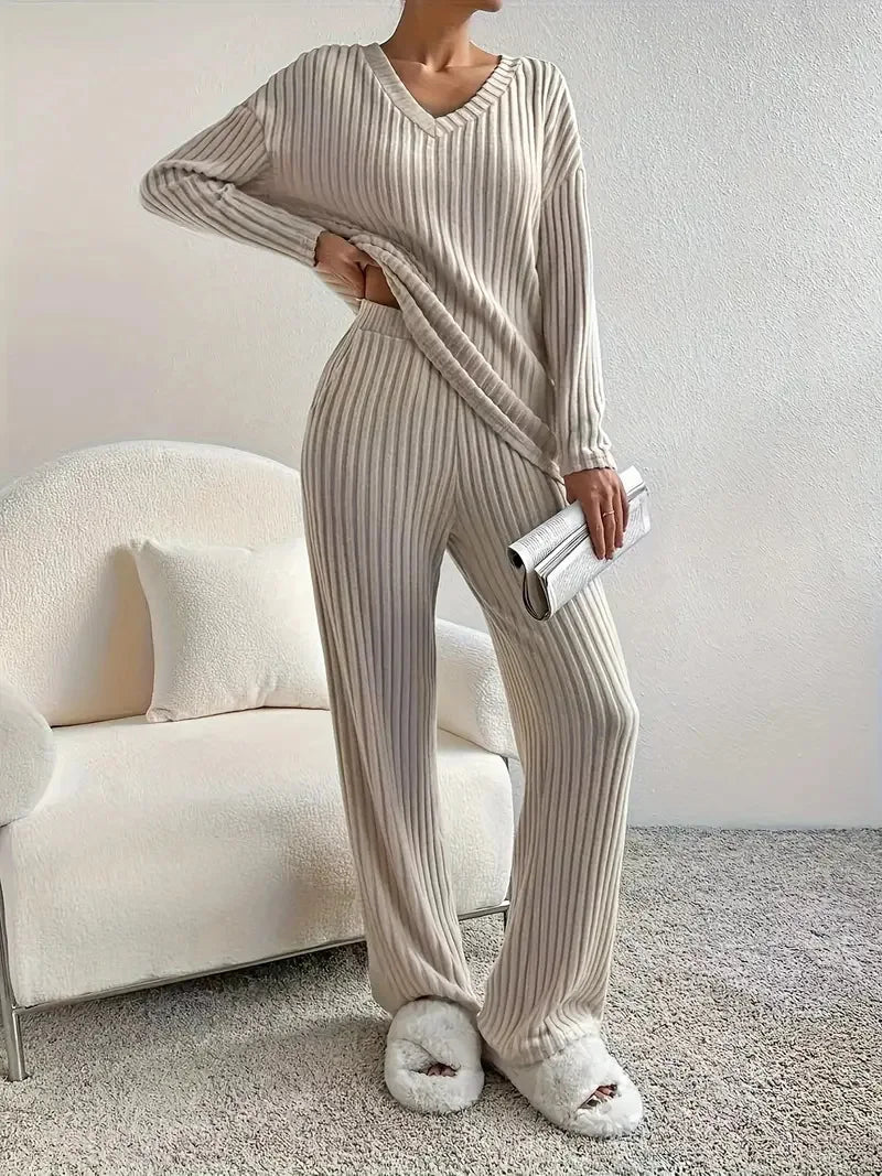 Ribbed Knit V-Neck Sweater & Straight-Leg Pants 2-Piece Lounge Set