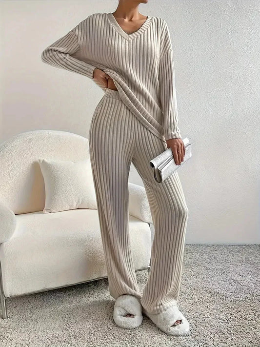 Ribbed Knit V-Neck Sweater & Straight-Leg Pants 2-Piece Lounge Set
