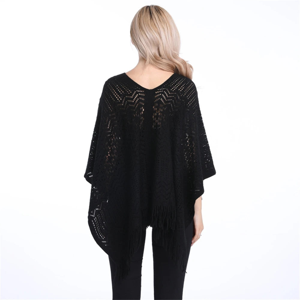 Women’s Two-Way Knitted Poncho Sweater – Hollow-Out Fringe Tassel Shawl Wrap
