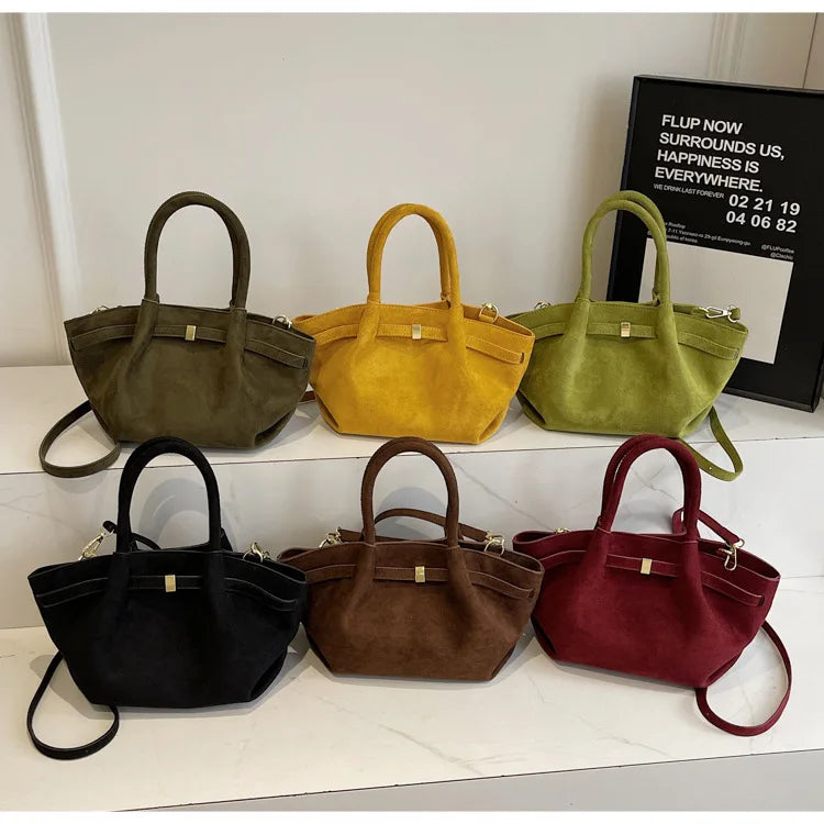 Vintage Matte Suede Belted Shoulder Tote Bag