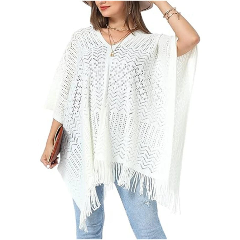 Women’s Two-Way Knitted Poncho Sweater – Hollow-Out Fringe Tassel Shawl Wrap
