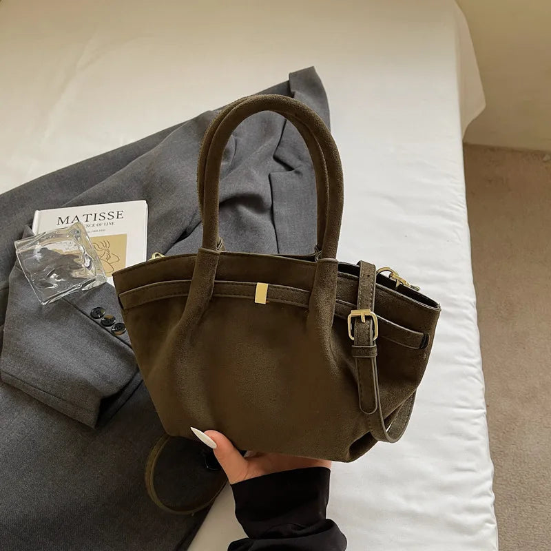 Vintage Matte Suede Belted Shoulder Tote Bag