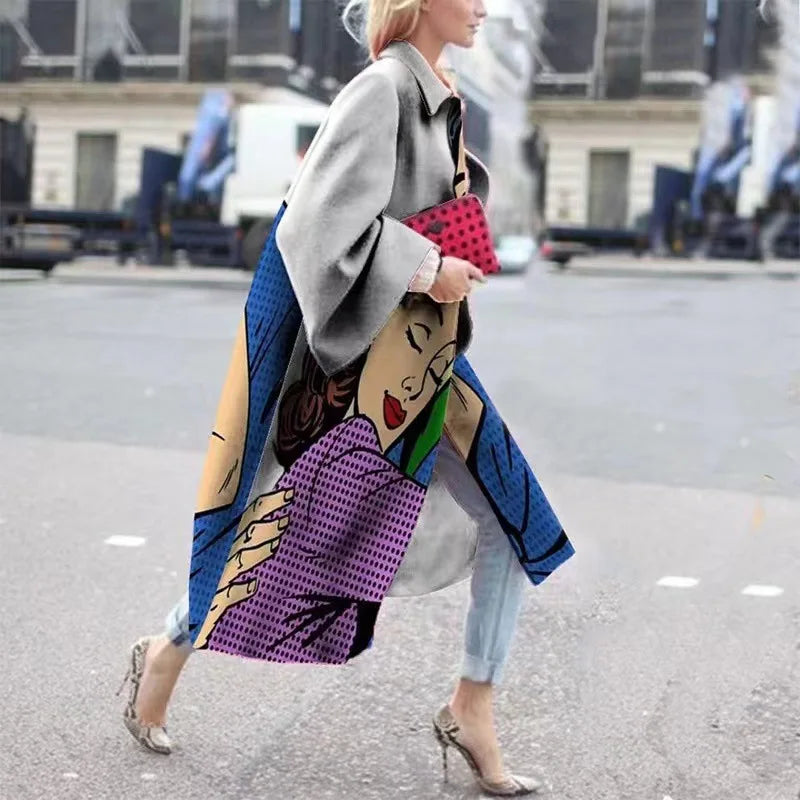 Vibrant Patchwork Print Button-Down Long Cardigan Coat