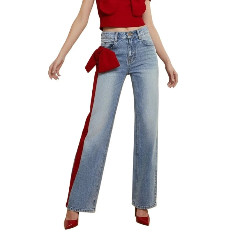 Bow-Embellished Wide-Leg Jeans | Artistic Retro Going-Out Denim