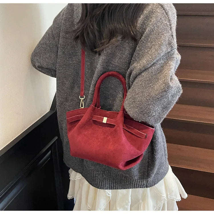 Vintage Matte Suede Belted Shoulder Tote Bag