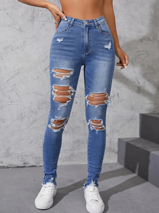 High-Waisted Distressed Skinny Jeans | Washed Street Style Denim