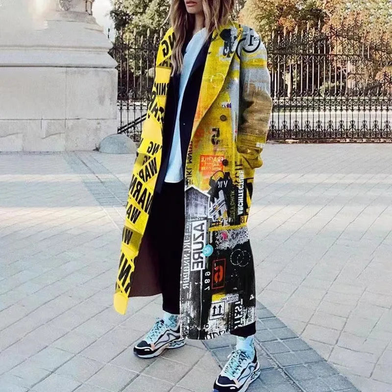 Vibrant Patchwork Print Button-Down Long Cardigan Coat