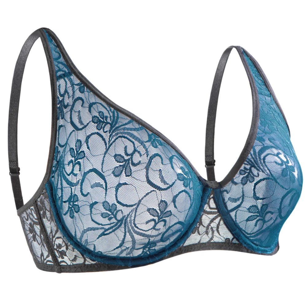 Sheer Embroidered Lace Plunge Underwire Bra