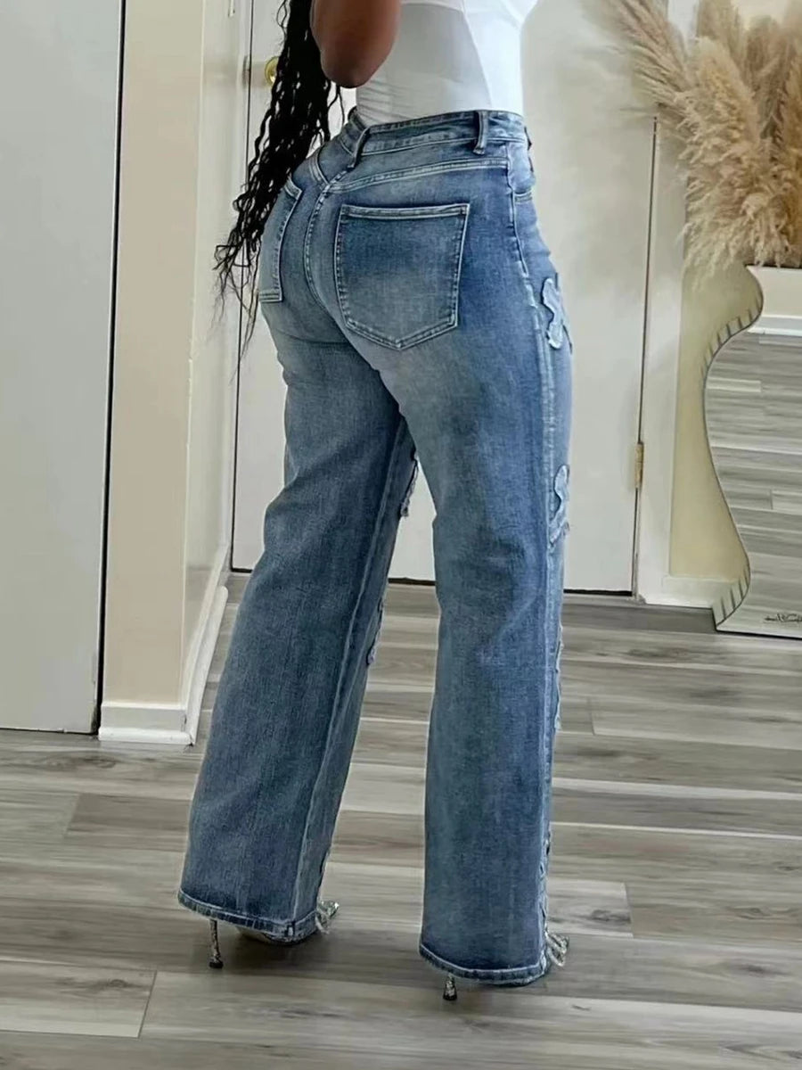 Vintage Washed Tassel Cross Straight-Leg Jeans