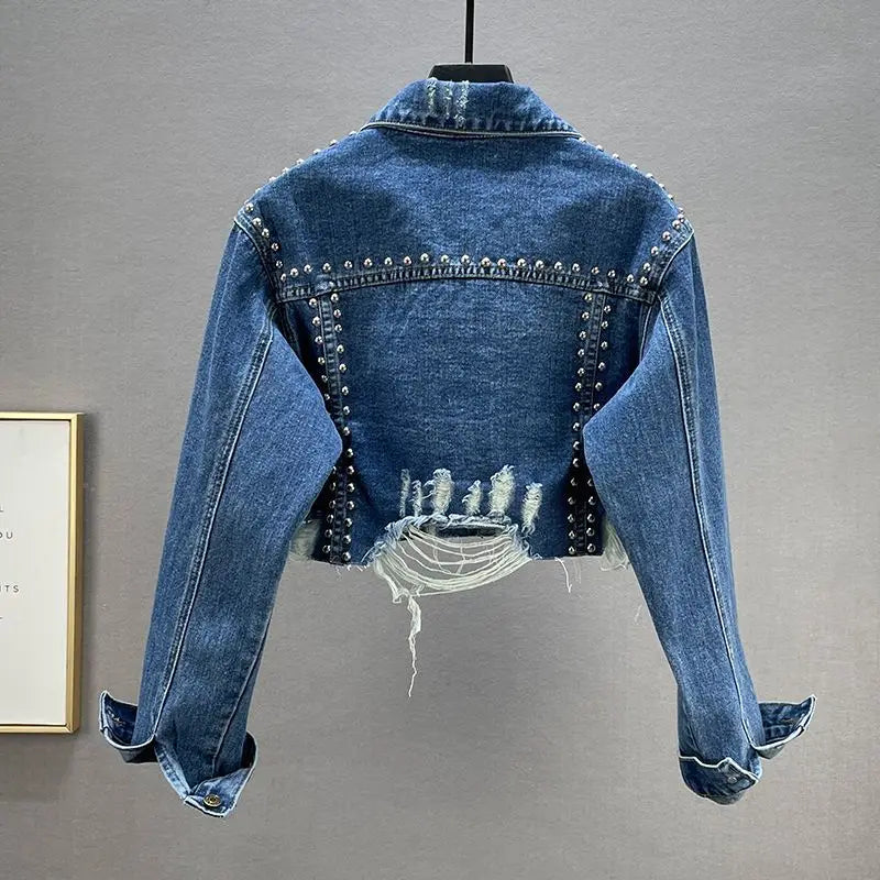 Vintage Y2K Rivet & Diamond Embellished Denim Jacket | Distressed Beaded Jean Coat