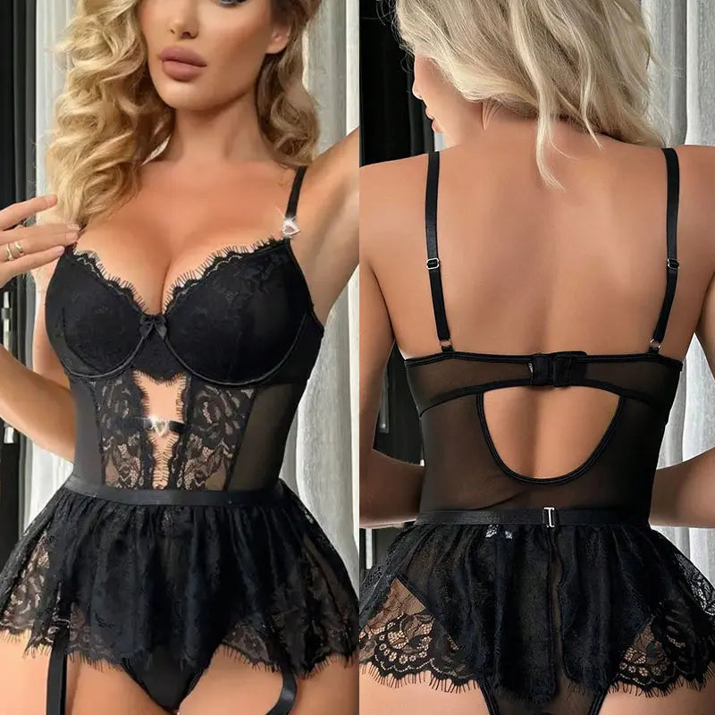 Sheer Floral Lace Backless Strap Playsuit Bodysuit