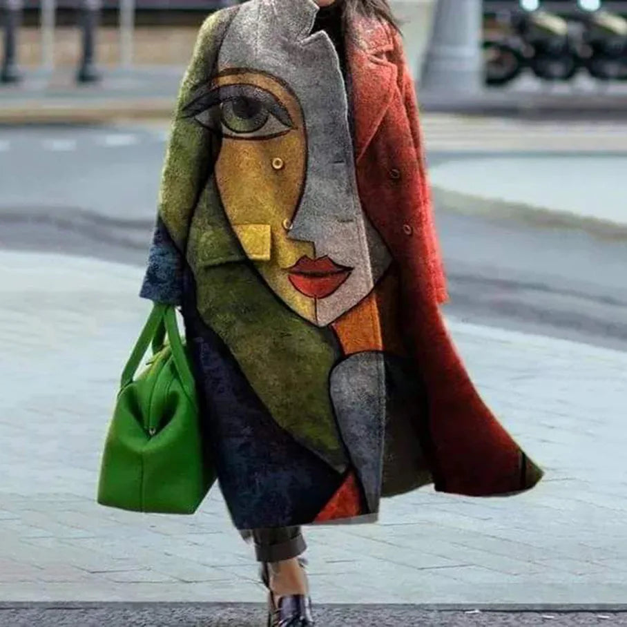 Vibrant Patchwork Print Button-Down Long Cardigan Coat
