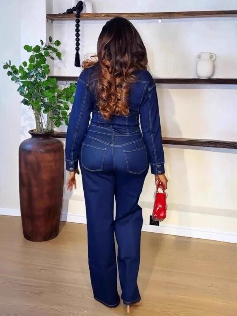 Chic Casual Denim-on-Denim Long Sleeve Shirt & Straight Pant Set