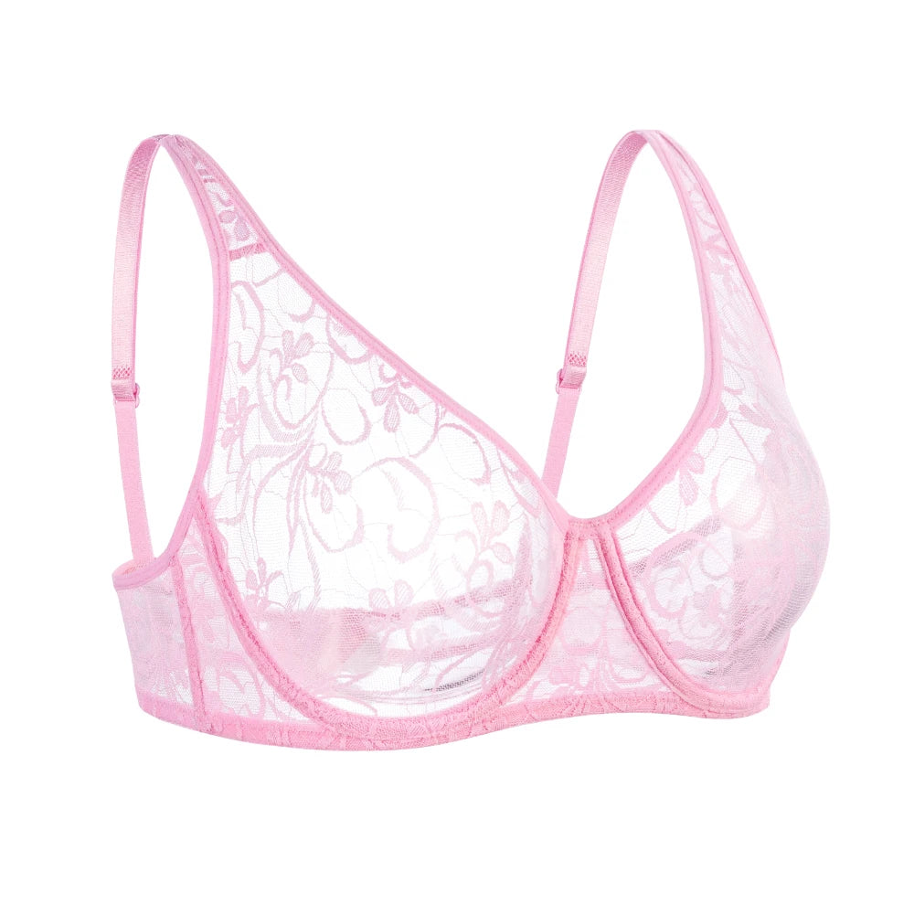Sheer Embroidered Lace Plunge Underwire Bra