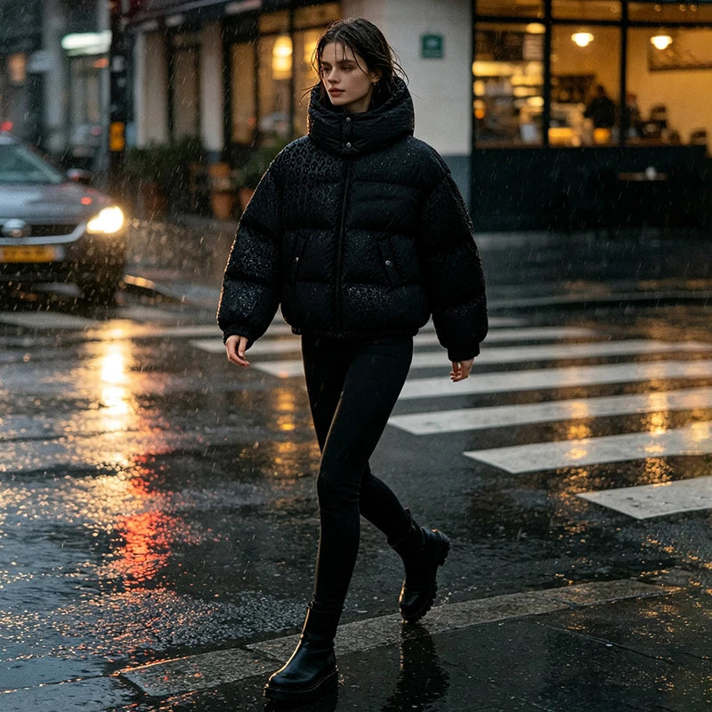 ater-Reactive Leopard Pattern Padded Winter Commuter Jacket