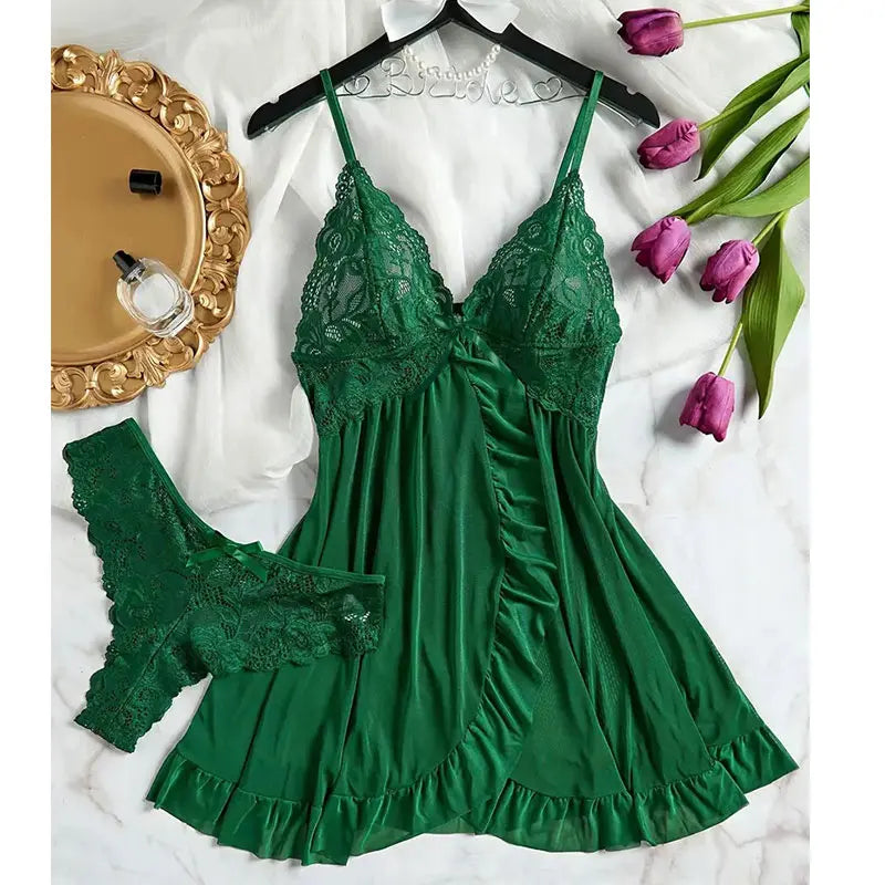 Sheer Lace V-Neck Sleeveless Full Slip Nightdress