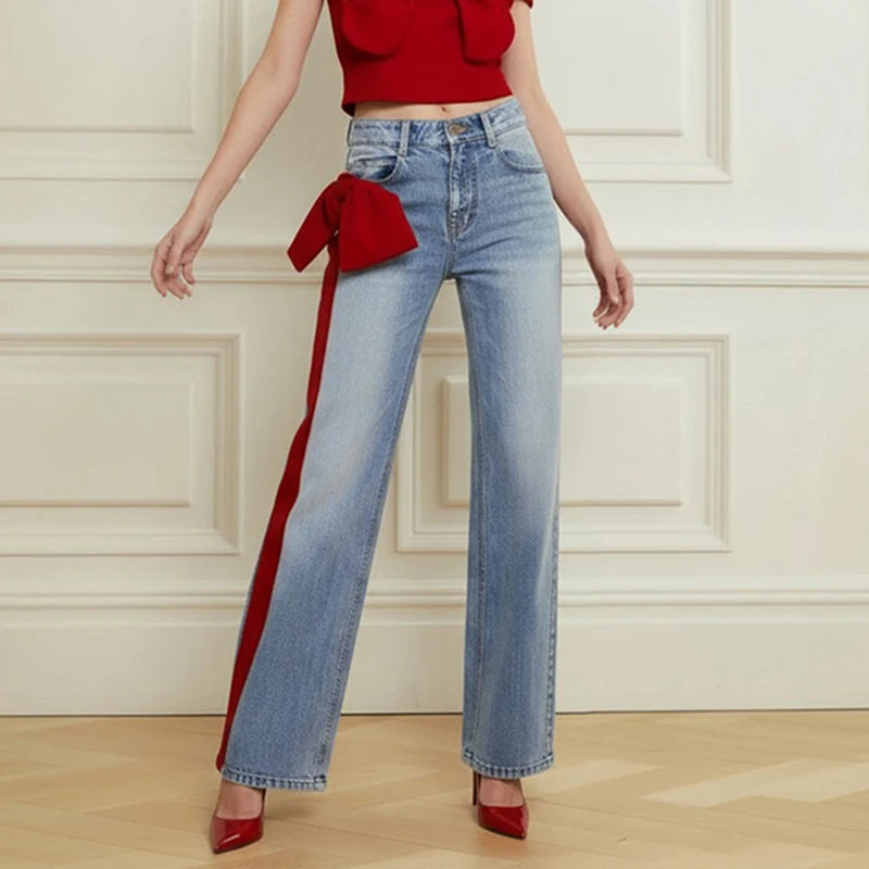 Bow-Embellished Wide-Leg Jeans | Artistic Retro Going-Out Denim