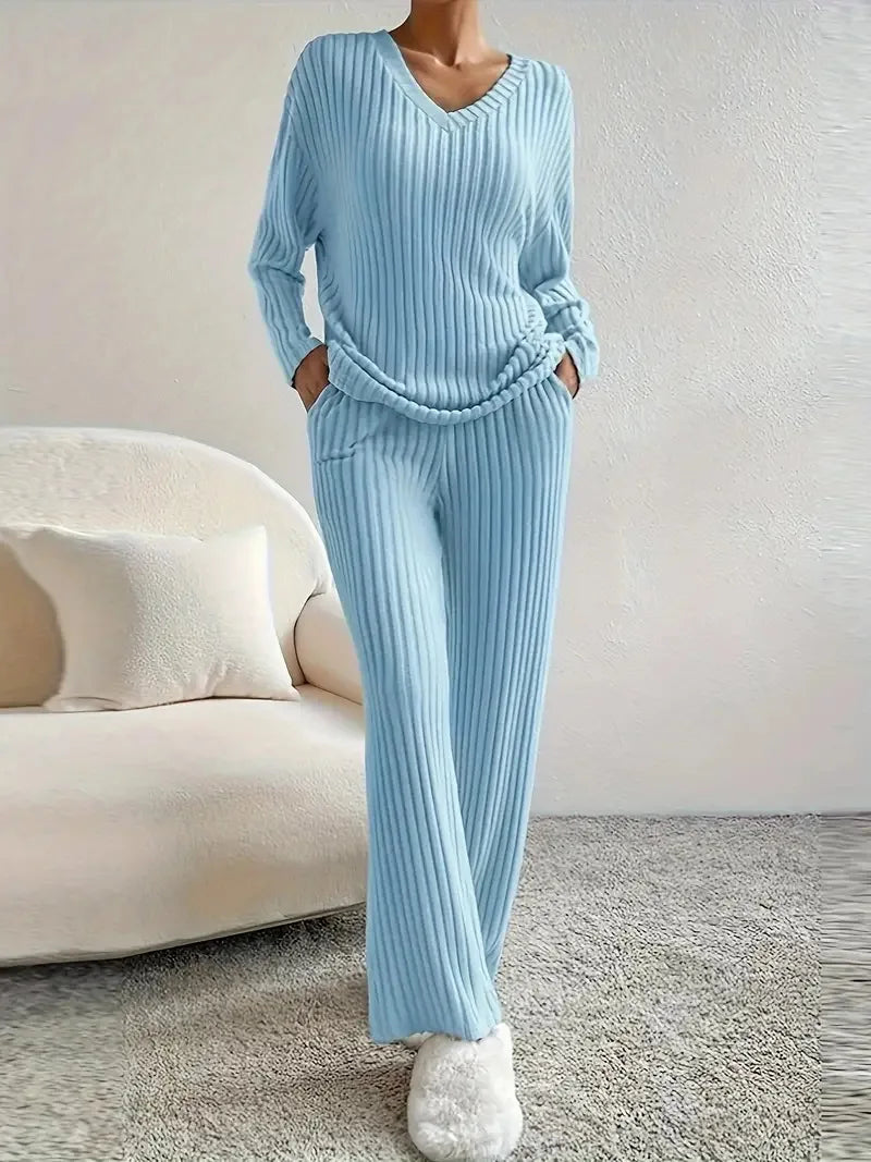 Ribbed Knit V-Neck Sweater & Straight-Leg Pants 2-Piece Lounge Set