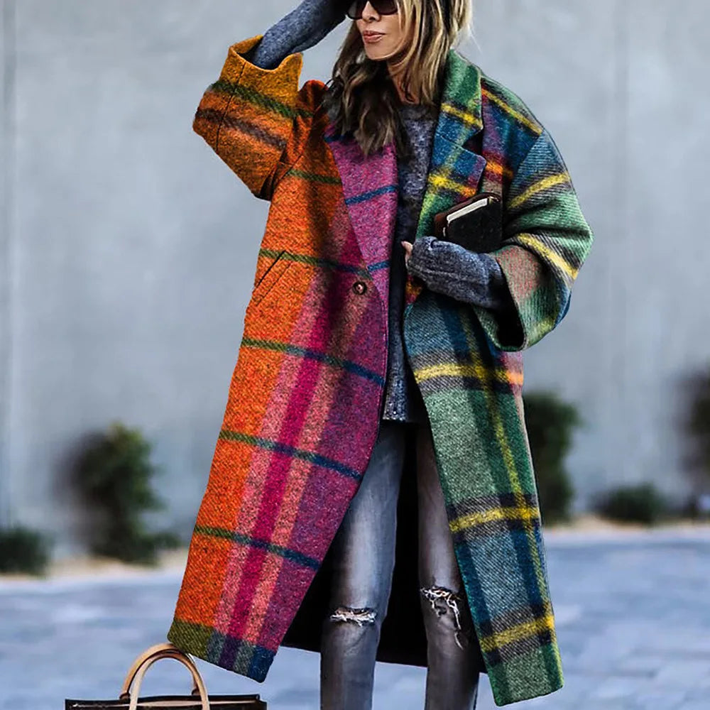 Vibrant Patchwork Print Button-Down Long Cardigan Coat