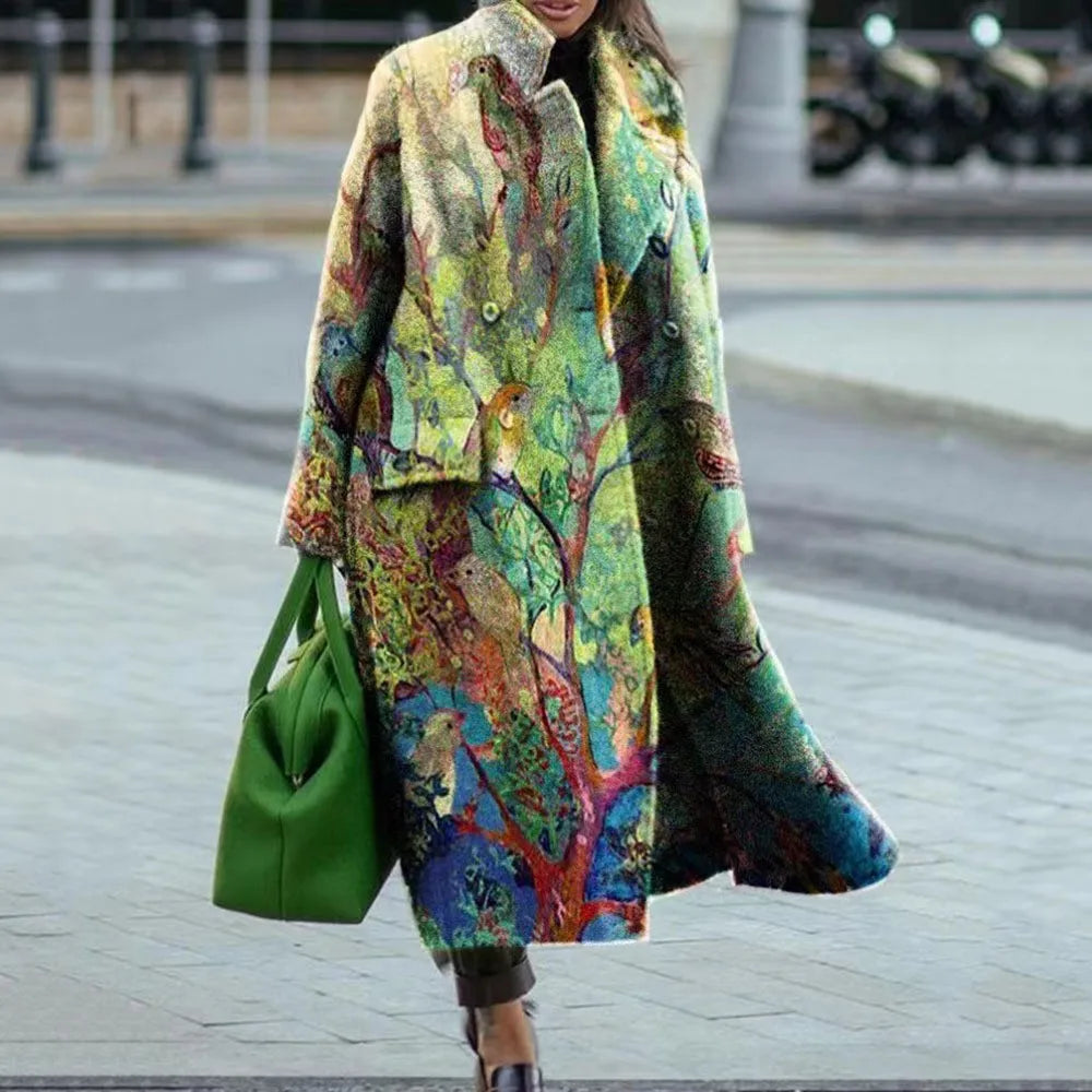Vibrant Patchwork Print Button-Down Long Cardigan Coat