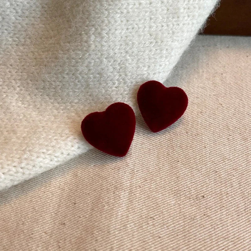 Velvet Heart Stud Earrings in Wine Red