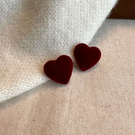 Velvet Heart Stud Earrings in Wine Red