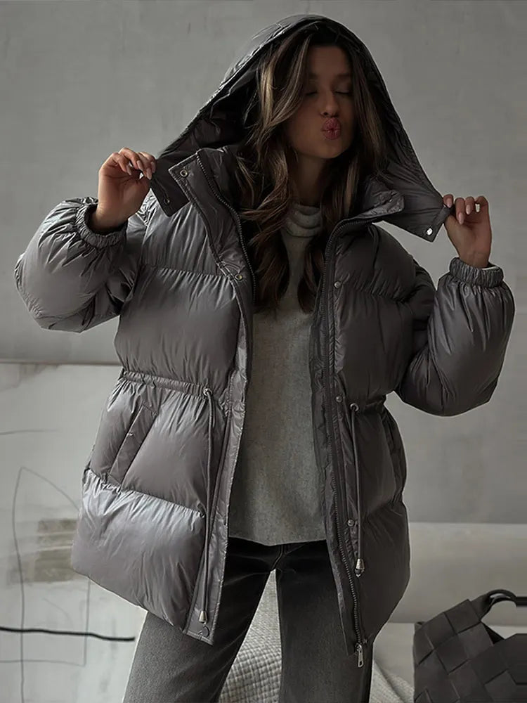 Women's Thick Padded Stand-Collar Winter Jacket with Tie Belt
