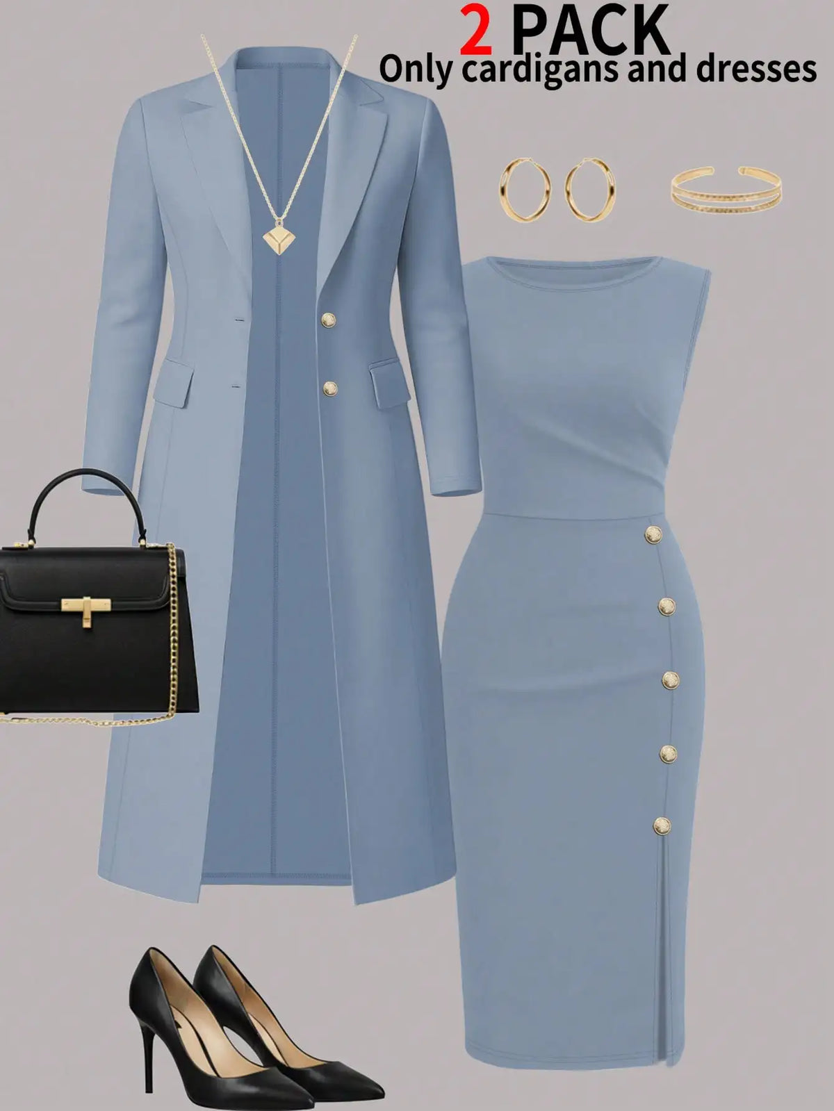 The Sophisticated Knit Duster & Buttoned Midi Dress Set