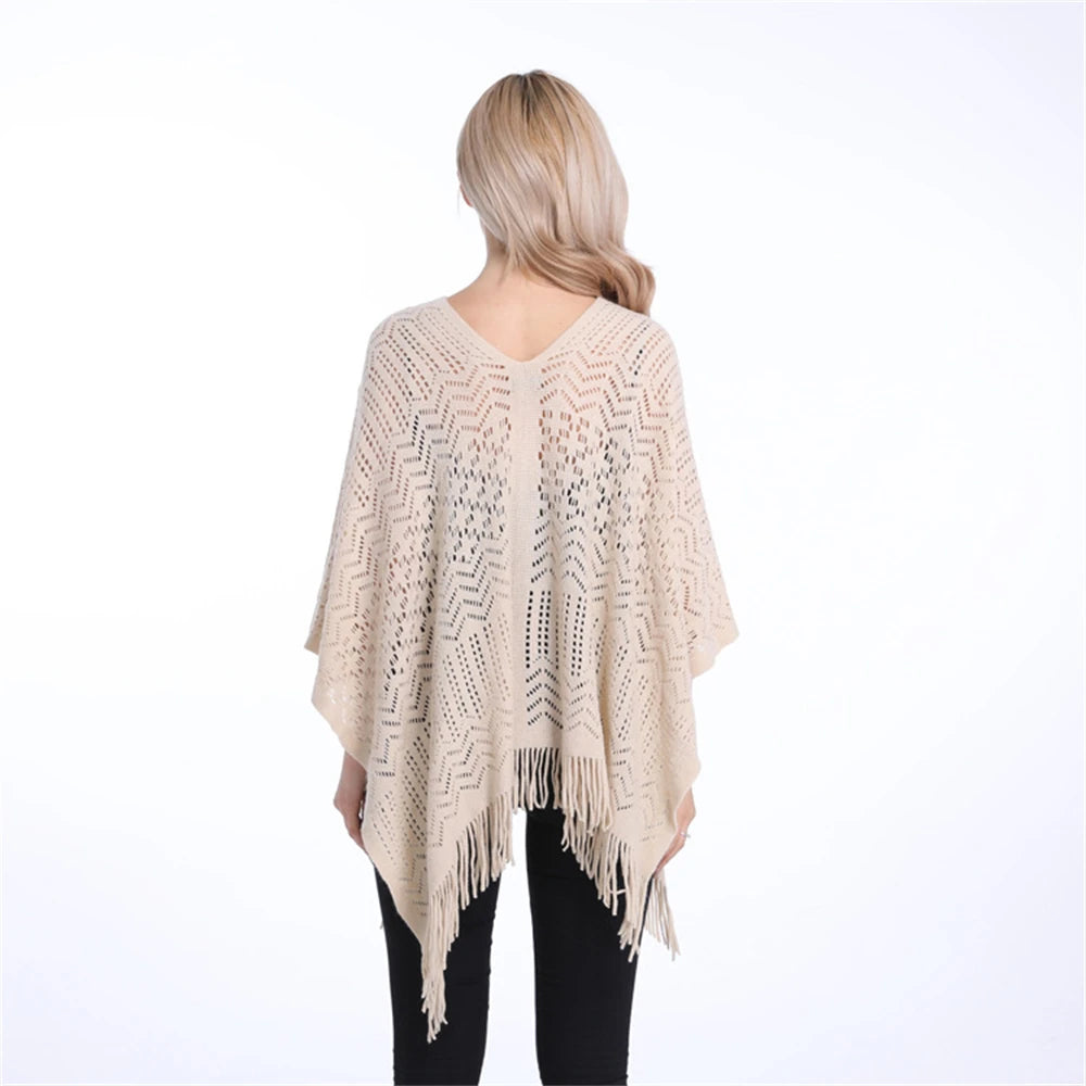 Women’s Two-Way Knitted Poncho Sweater – Hollow-Out Fringe Tassel Shawl Wrap