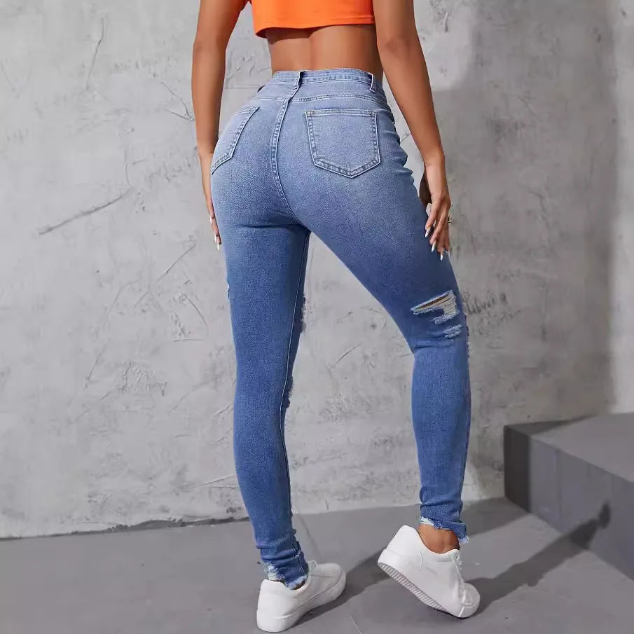 High-Waisted Distressed Skinny Jeans | Washed Street Style Denim