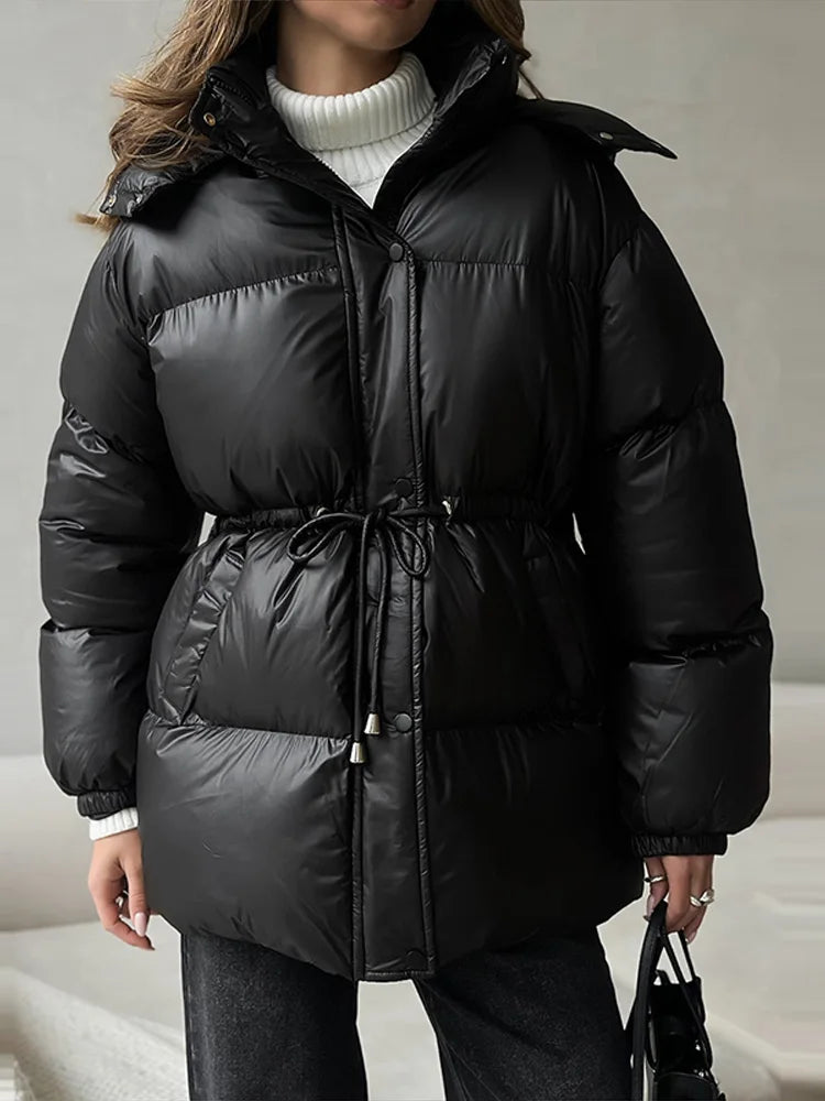 Women's Thick Padded Stand-Collar Winter Jacket with Tie Belt