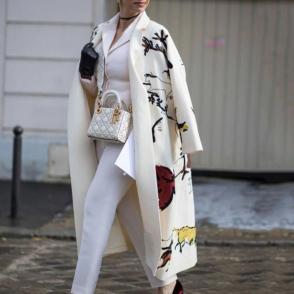 Vibrant Patchwork Print Button-Down Long Cardigan Coat