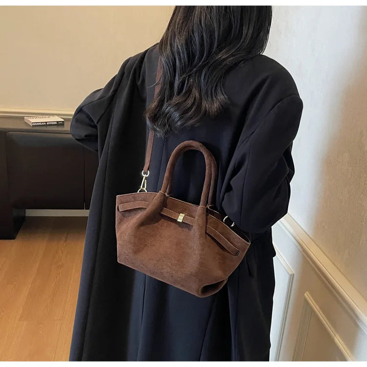 Vintage Matte Suede Belted Shoulder Tote Bag
