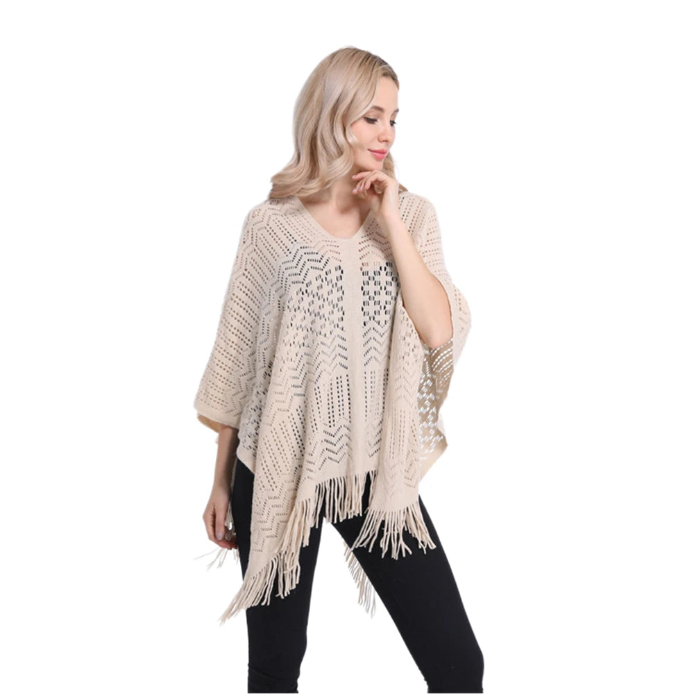 Women’s Two-Way Knitted Poncho Sweater – Hollow-Out Fringe Tassel Shawl Wrap