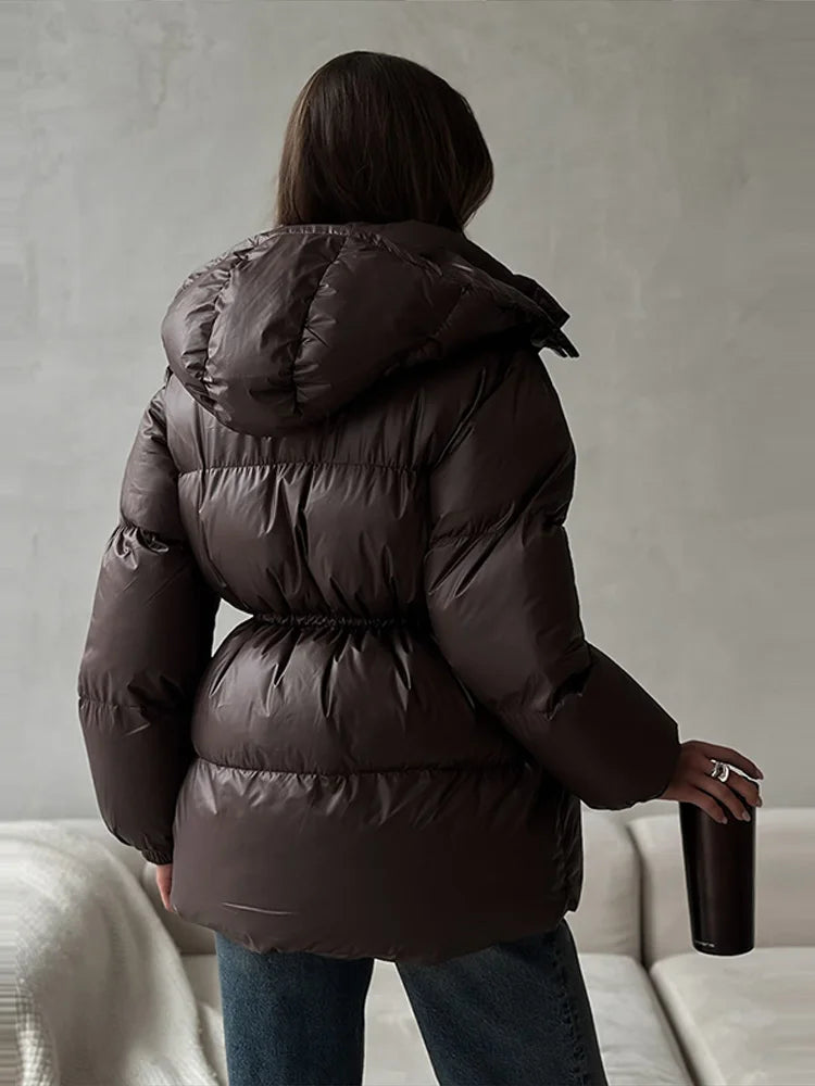 Women's Thick Padded Stand-Collar Winter Jacket with Tie Belt