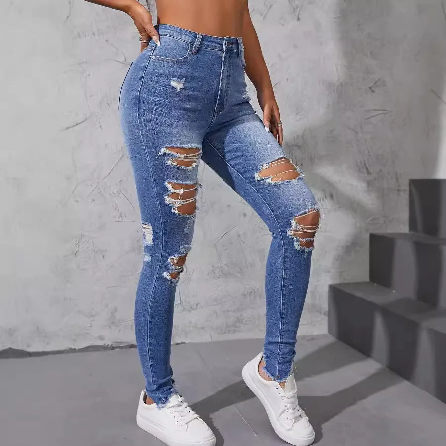 High-Waisted Distressed Skinny Jeans | Washed Street Style Denim