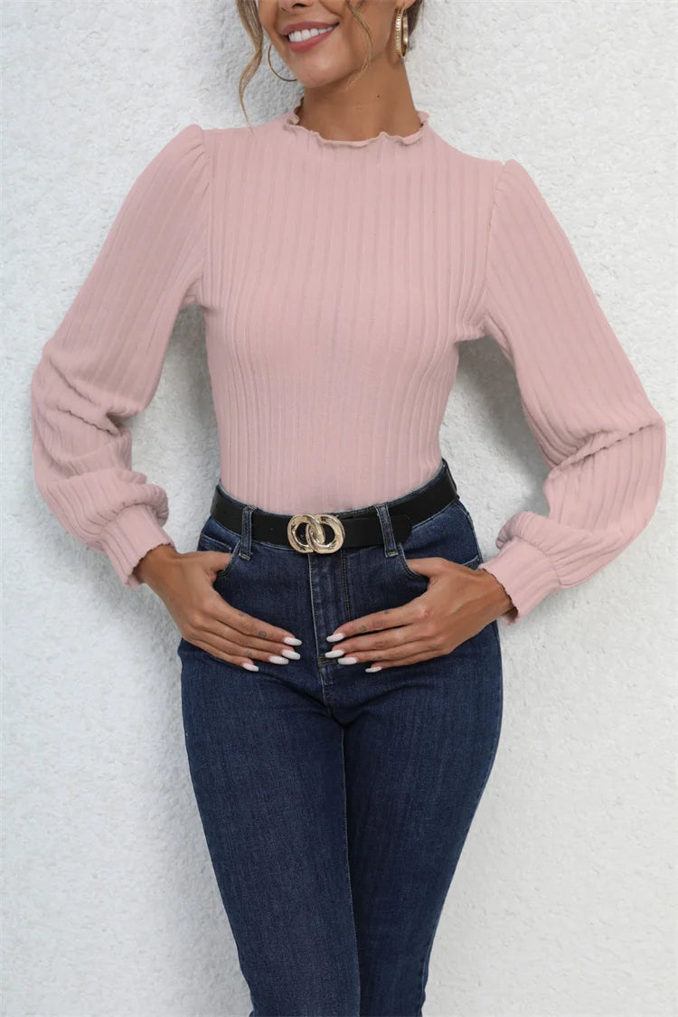Lantern Sleeve Ribbed Knit Bodysuit | Slim Stretch Fall Leotard Top