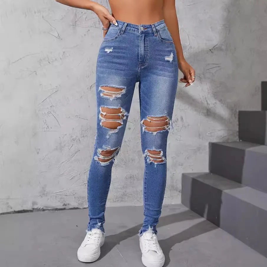 High-Waisted Distressed Skinny Jeans | Washed Street Style Denim